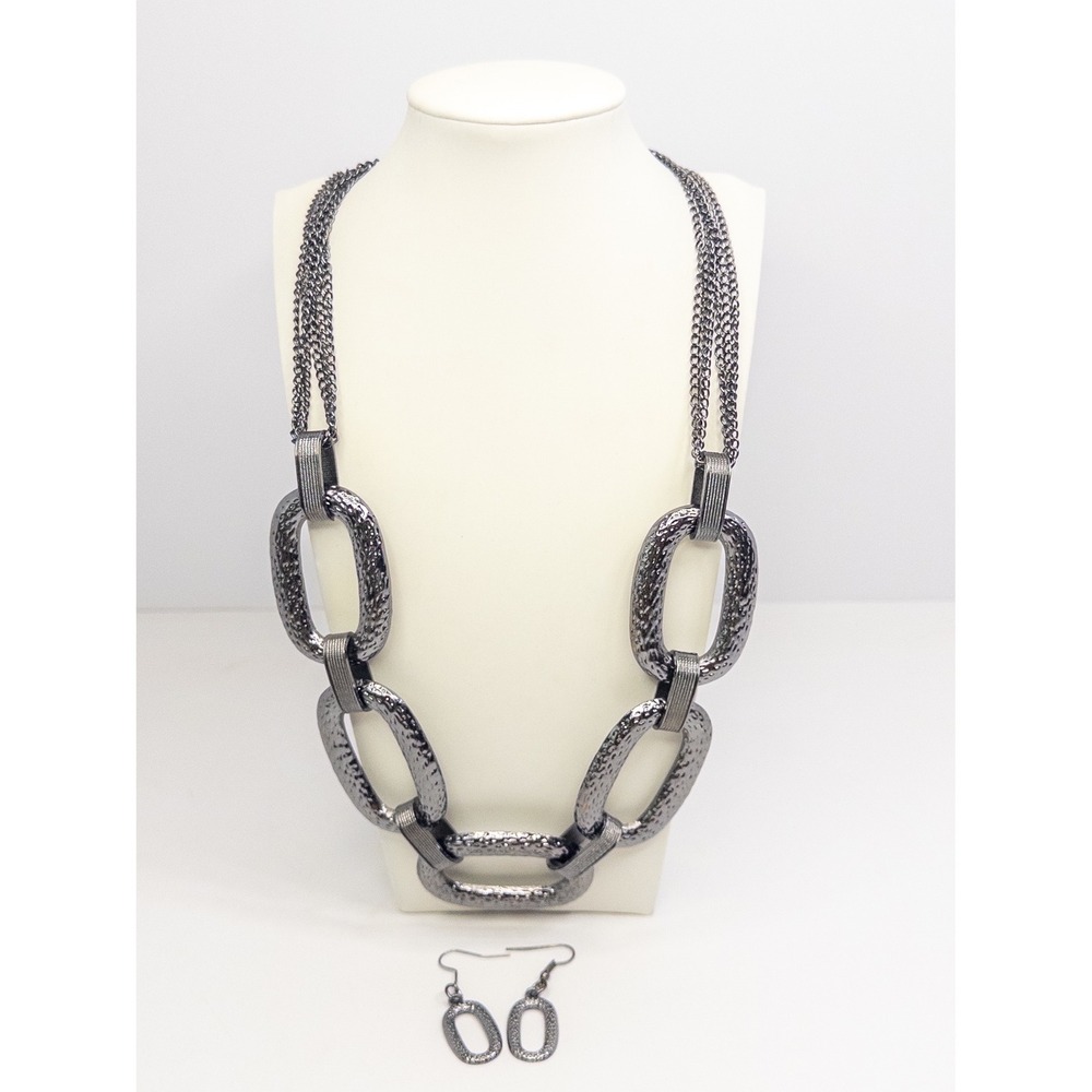 Gunmetal Grey Statement Necklace & Earring Set Chunky Oval Link Goth Moto Y2K